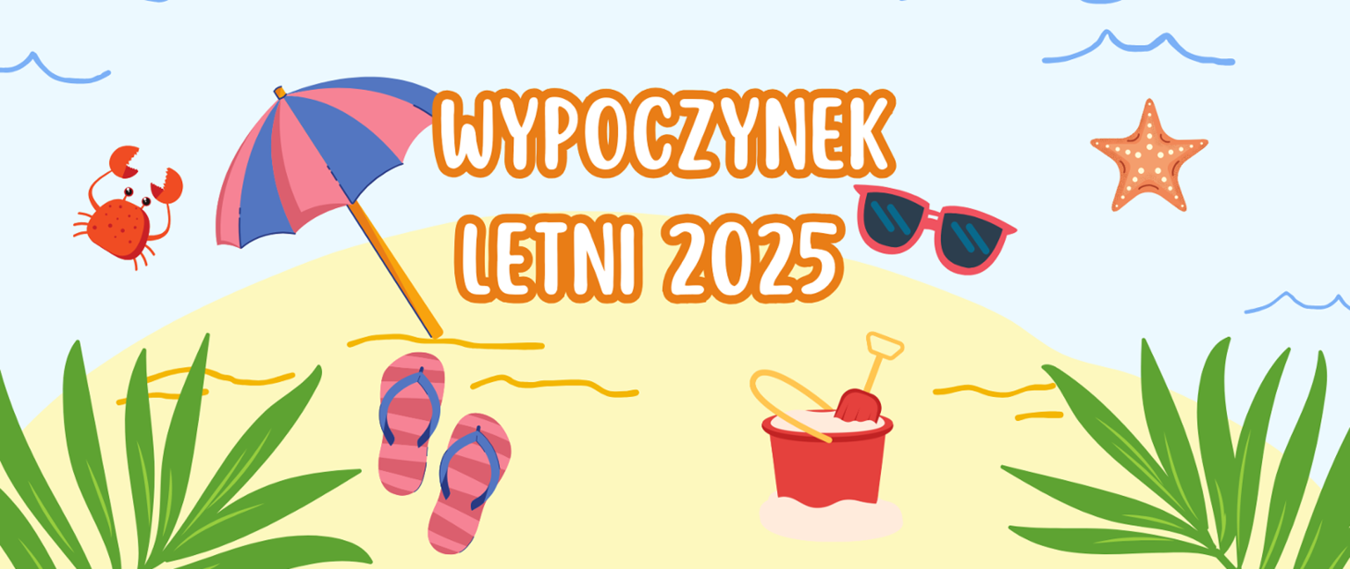 plaża na której znajdują się klapki, wiaderko z piaskiem, okulary , parasol , krab i rozgwiazda.