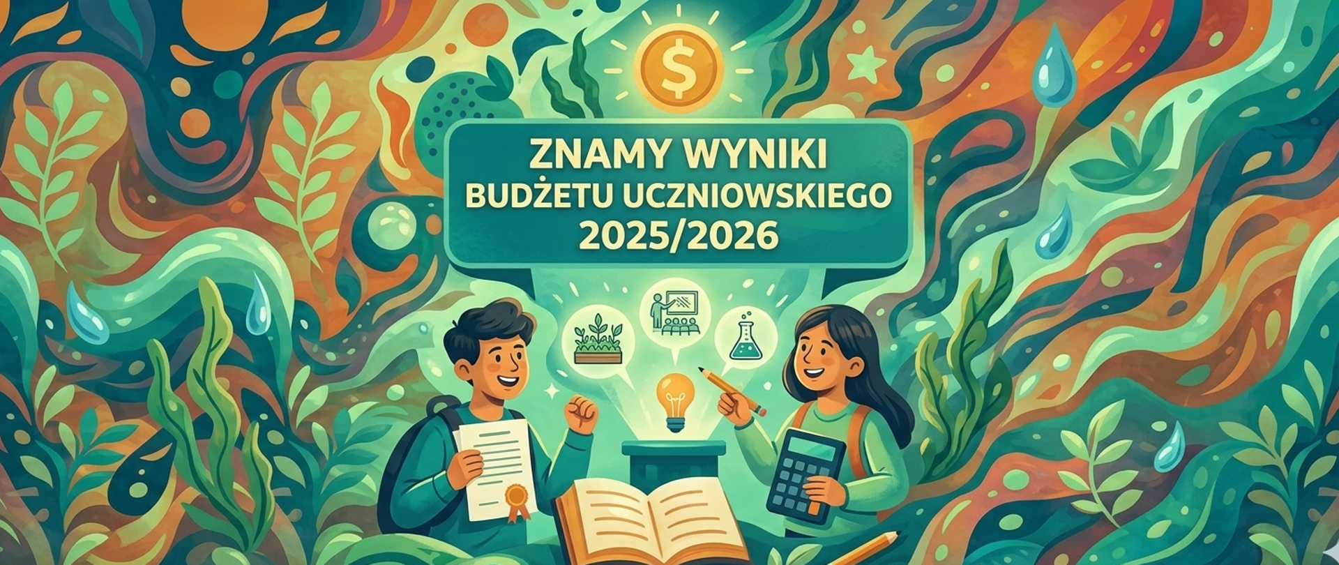 Kolorowa, surrealistyczna ilustracja przedstawiająca dwoje uśmiechniętych uczniów – chłopca z dyplomem i dziewczynkę z kalkulatorem – przy biurku z otwartą książką. Nad nimi znajduje się zielony baner z napisem: „ZNAMY WYNIKI BUDŻETU UCZNIOWSKIEGO 2025/2026”. Pomiędzy uczniami widnieje żarówka, z której wyłaniają się ikony symbolizujące projekty: rośliny, salę wykładową oraz probówkę. Całość otaczają fantazyjne, wielobarwne kształty przypominające roślinność i krople wody. 