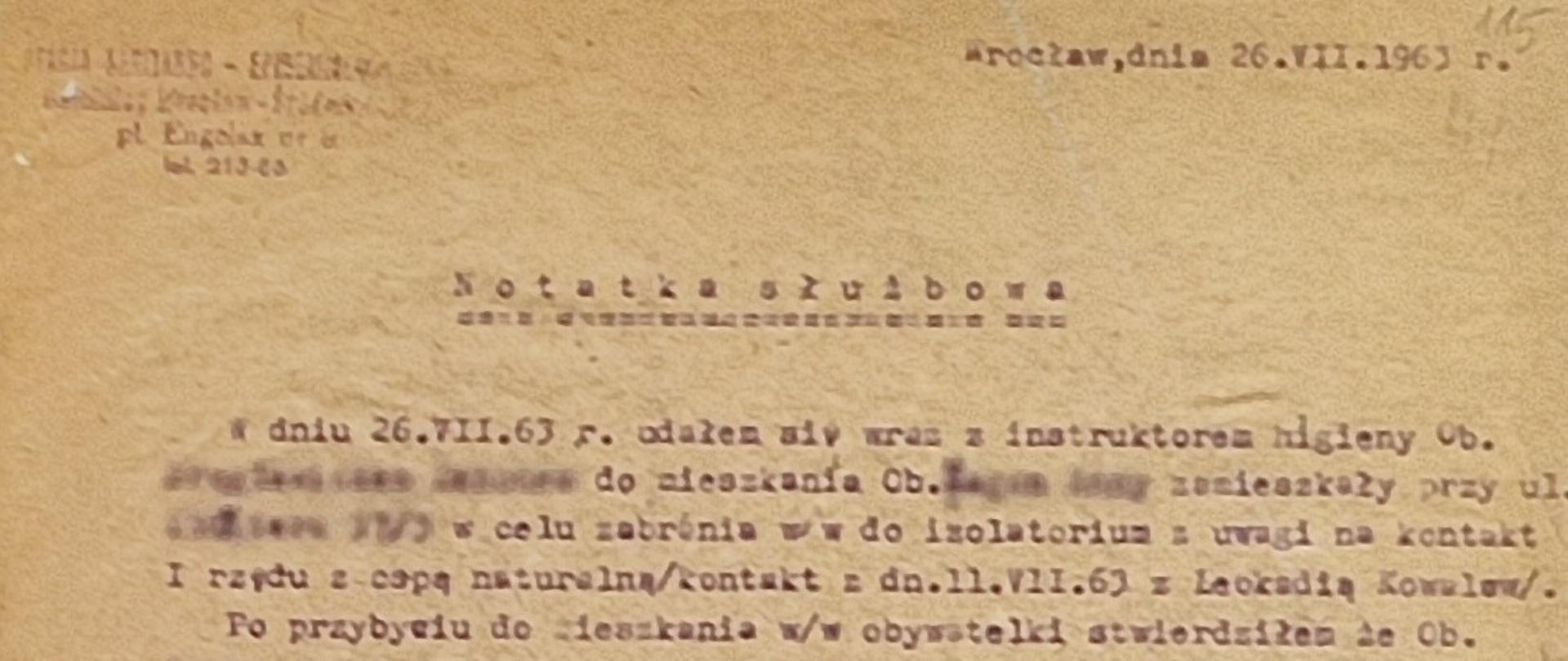 Zdjęcie notatki służbowej z dnia 26 sierpnia 1963r.