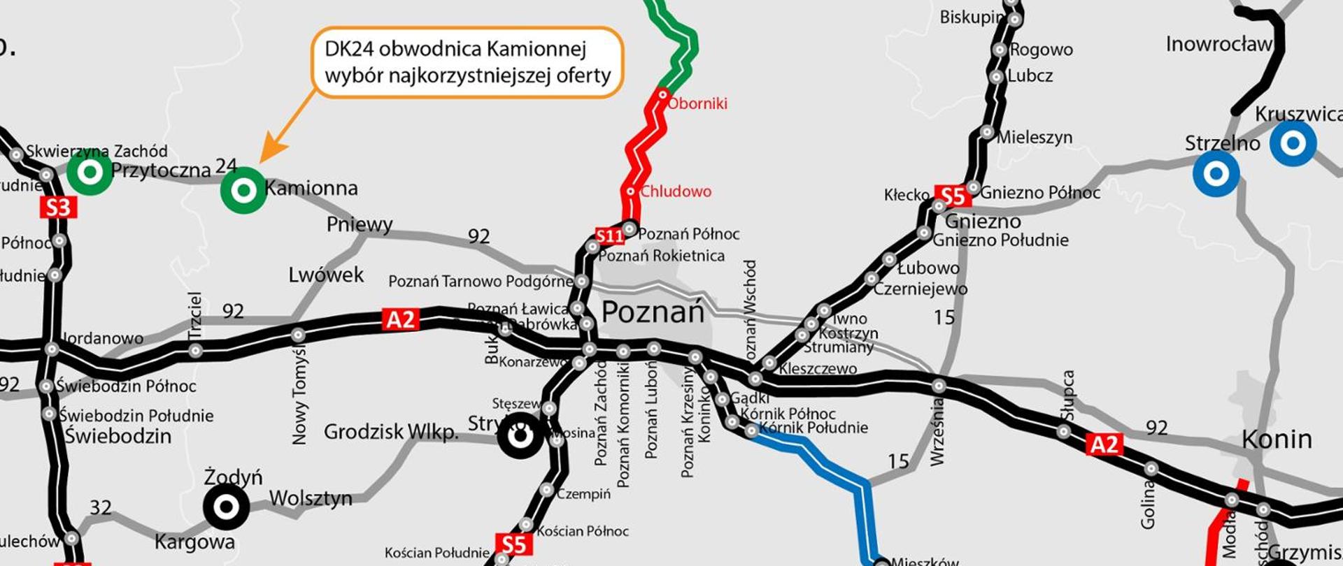 Mapa drogowa okolic Poznania przedstawiająca planowaną obwodnicę Kamionnej w ciągu DK24. Miejsce inwestycji oznaczone jest pomarańczową etykietą z napisem ‘DK24 obwodnica Kamionnej – wybór najkorzystniejszej oferty’. Na mapie widoczne są główne trasy: A2, S3, S5, S11 oraz drogi krajowe i wojewódzkie. Obwodnica zaznaczona jest obok miejscowości Kamionna, między Skwierzyną a Poznaniem.