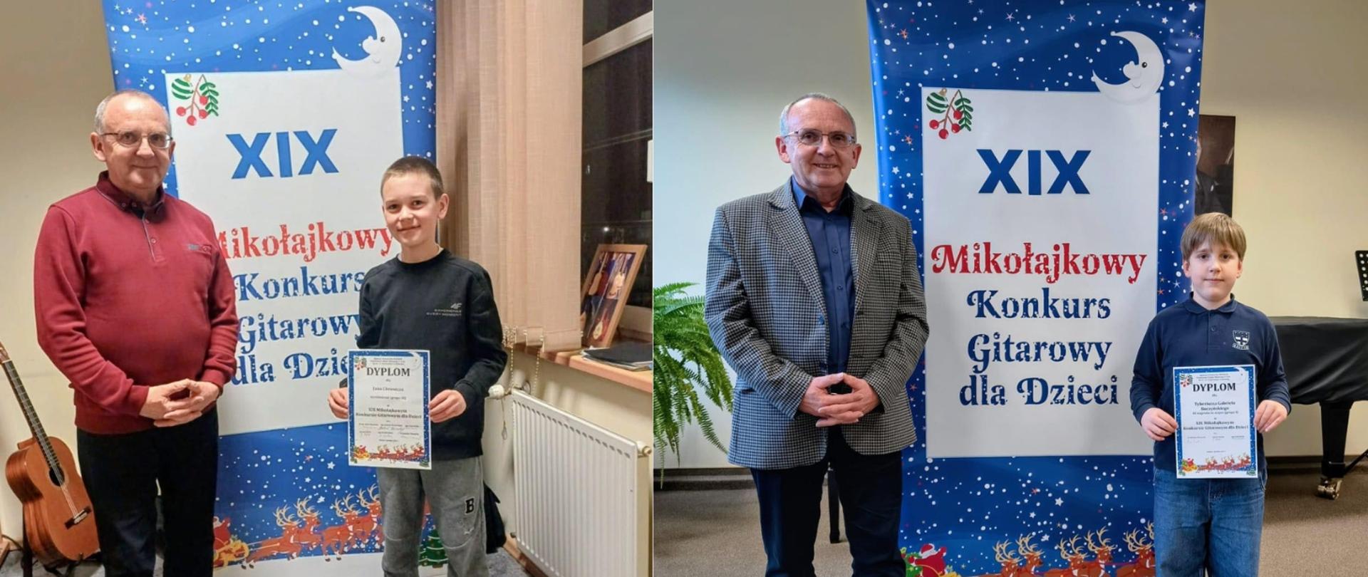 Na grafice widać dwa kolorowe zdjęcia zestawione obok siebie. Na obu fotografiach znajduje się nauczyciel Marceli Kubica, który pozuje ze swoimi uczniami — gitarzystami trzymającymi dyplomy. W tle widoczny jest baner z napisem „XIX Mikołajkowy Konkurs Gitarowy dla Dzieci”, ozdobiony świątecznymi motywami — gwiazdkami, śniegiem i postacią Mikołaja.
Na pierwszym zdjęciu nauczyciel ubrany jest w bordowy sweter, a uczeń jest w ciemnej bluzie i szarych spodniach. W tle widać gitarę opartą o ścianę. Na drugim zdjęciu nauczyciel ma na sobie szarą marynarkę, a uczeń jest w granatowej bluzie i jeansach. W tle widać fortepian.