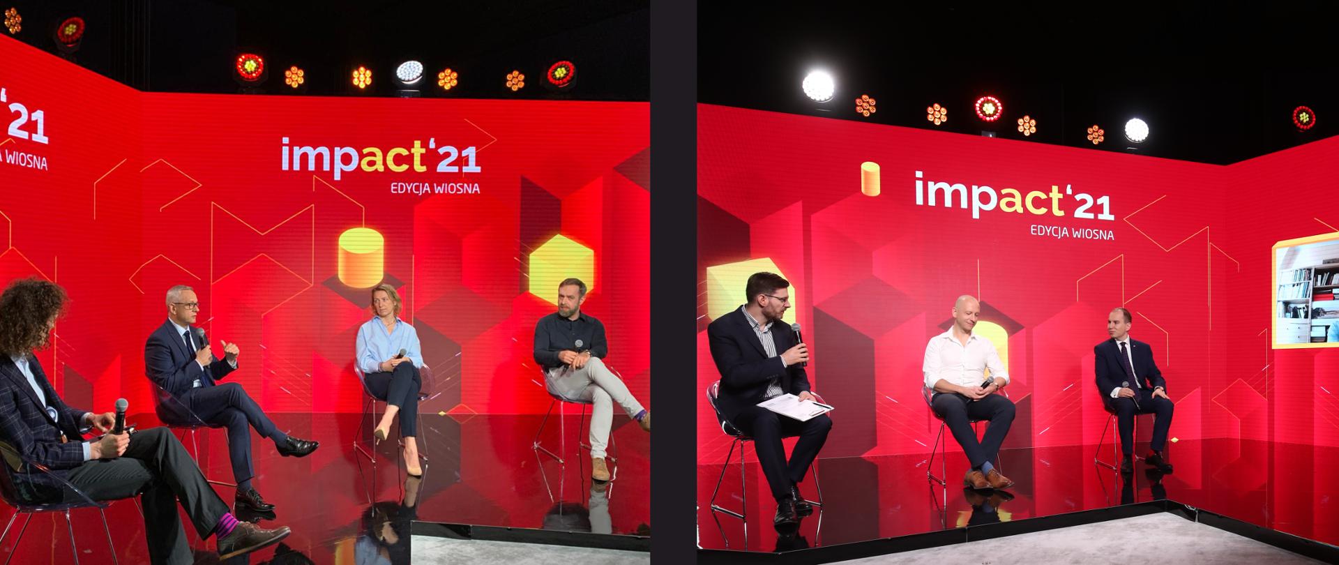 Po lewej zdjęcie z dyskusji z udziałem ministra Marka Zagórskiego (czworo uczestników), po prawej - z dyskusji z udziałem ministra Adama Andruszkiewicza (widocznych trzech uczestników). Oba zdjęcie wykonane w studiu kongresu, na tle czerwonej ściany wizyjnej z logo Impac'21 (edycja wiosna).