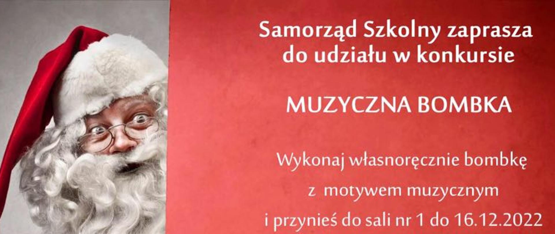 Plakat z Mikołajem za czerwonym ekranem. Na czerwonym tle napis zapraszający do udziału w konkursie