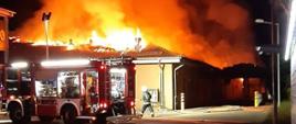Zdjęcie przedstawia kilka samochodów straży pożarnej, które gaszą płonący budynek.
