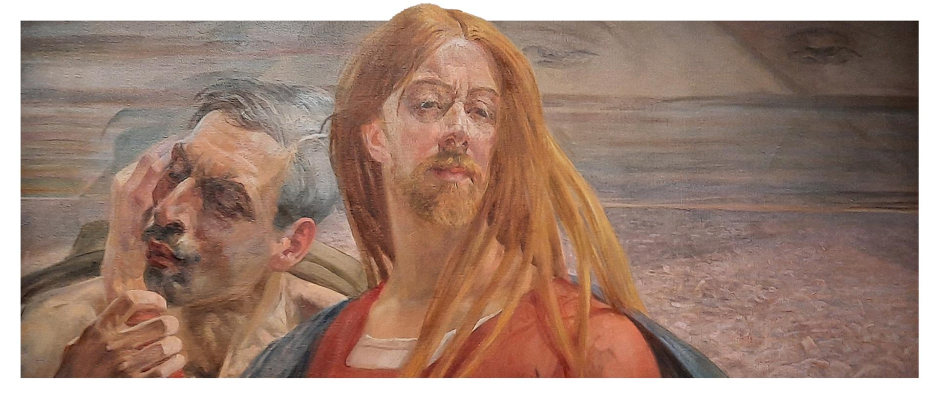 malarstwo z dwiema postaciami, po środku rudy mężczyzna z długimi włosami i zarostem z lewej trzyma go za rękę siwy mężczyzna