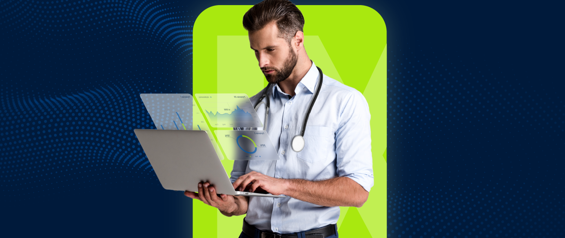 Zdjęcie przedstawia mężczyznę trzymającego laptop