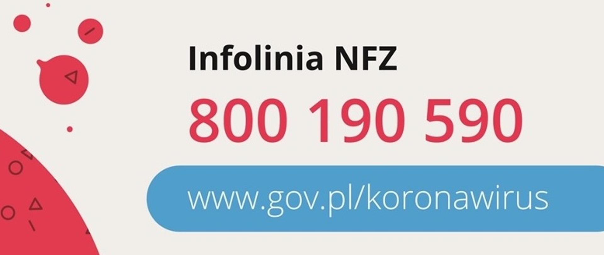 Obrazek przedstawiający numer infolinii NFZ 800 190 590 i adres strony internetowej www.gov.pl/koronawirus