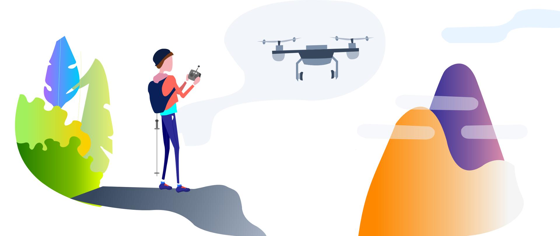 Grafika wektorowa przedstawiająca mężczyznę sterującego dronem w górach.