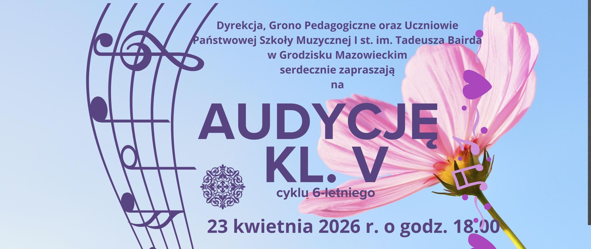 Błękitny plakat z różowym kwiatkiem i fioletowymi napisami