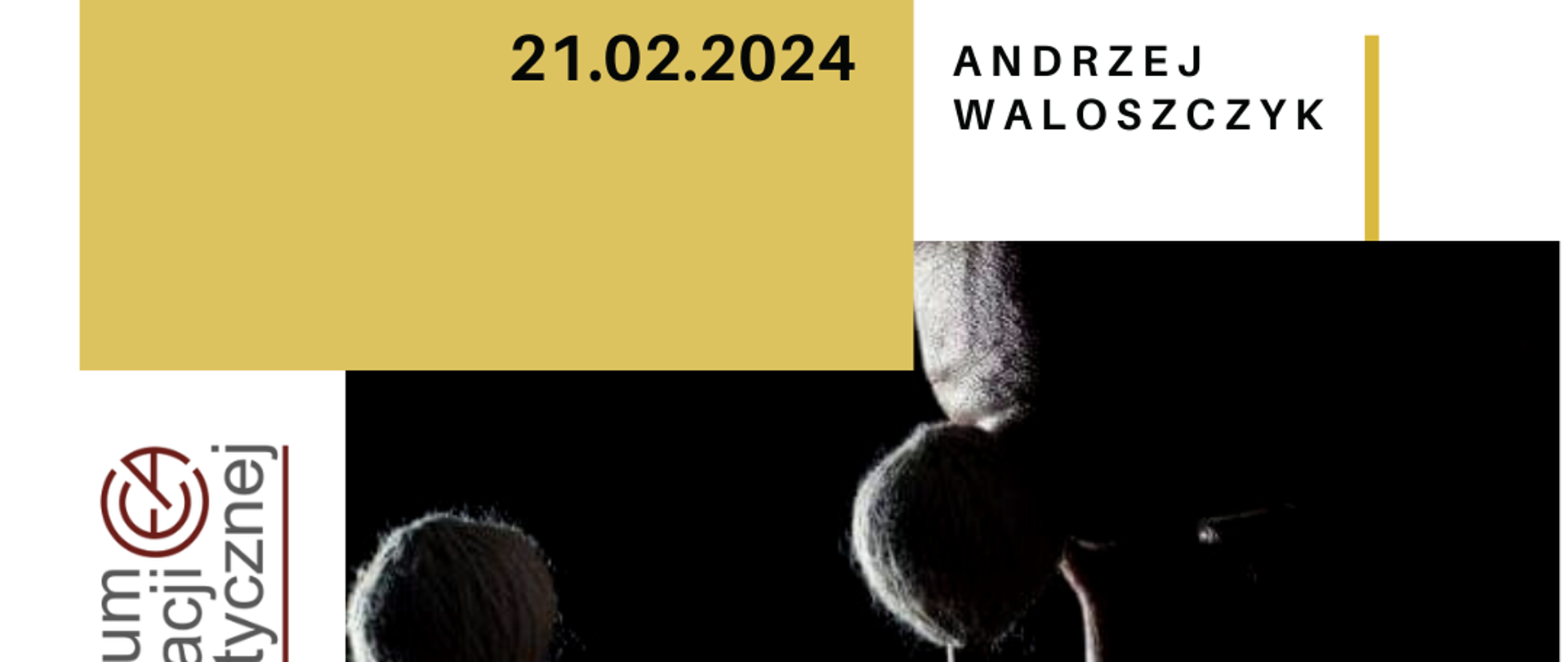 Plakat Regionalnych Warsztatów Perkusyjnych Centrum Edukacji Artystycznej dla nauczycieli szkół muzycznych I i II stopnia w dniu 21 lutego 2024. Plakat ma białe tło a w jego dolnej części znajduje się czarno-białe zdjęcie Andrzeja Waloszczyka, który poprowadzi warsztaty oraz logo Centrum Edukacji Artystycznej.