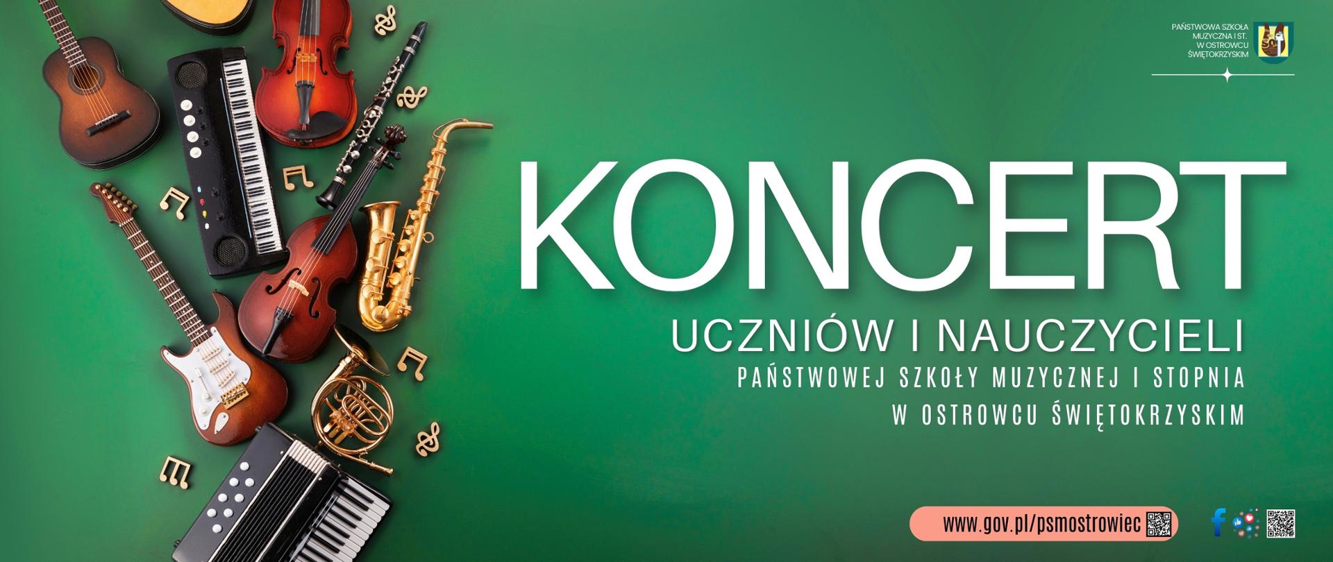 białe litery na zielonym tle informujące o koncercie w szkole muzycznej
