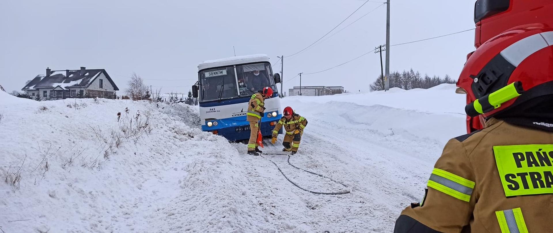 Fotografia ukazuje zimową scenerię, zalegający śnieg na drodze oraz wysokie hałdy śniegu, a w oddali można dostrzec zaśnieżone dachy domów.
Jednak całą uwagę przykuwa przechylony autobus w przydrożnym rowie, który znajduje w zaspie śniegu. Z przodu pojazdu znajduje się dwóch strażaków, którzy próbują wyciągnąć unieruchomiony pojazd. Jeden z nich schyla się po linę rozłożoną na drodze, zaś drugi trzyma łopatę. Z prawej strony fotografii znajduje się kolejny strażak, który najprawdopodobniej wysiadł z wozu bojowego.
