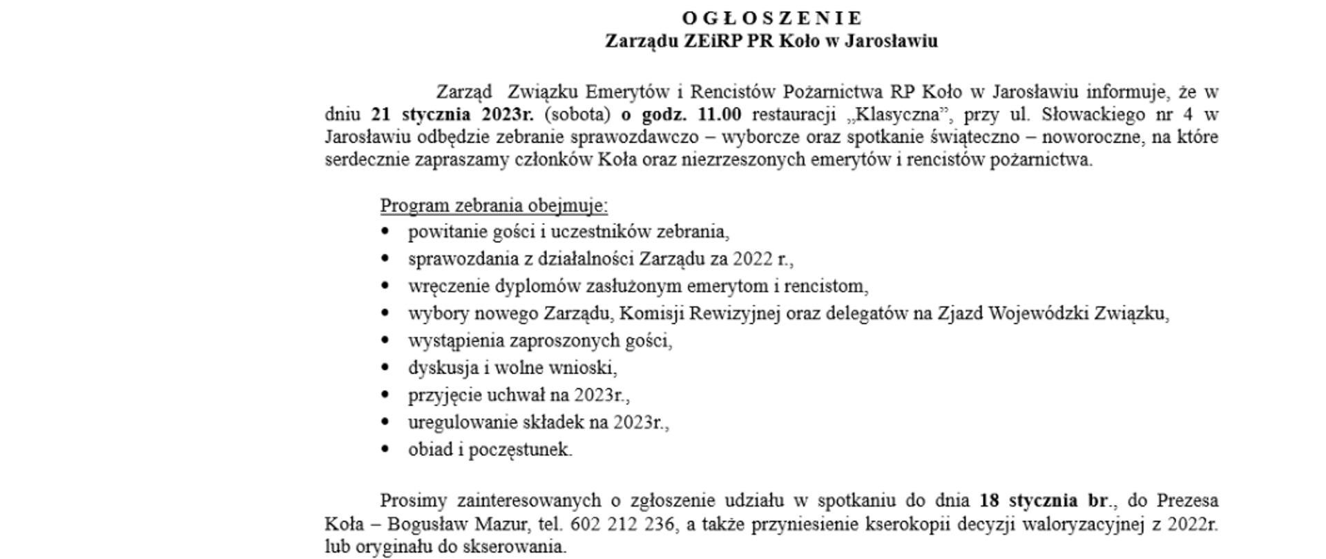 Zdjęcie przedstawia ogłoszenie Zarządu Koła ZEiRP RP Koło w Jarosławiu