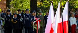 Grupa funkcjonariuszy w galowych mundurach straży pożarnej i policji podczas uroczystości na świeżym powietrzu. W tle widoczni są uczestnicy wydarzenia, w tym osoby w strojach ludowych oraz drzewa w słoneczny dzień. Na pierwszym planie widać flagi polski.