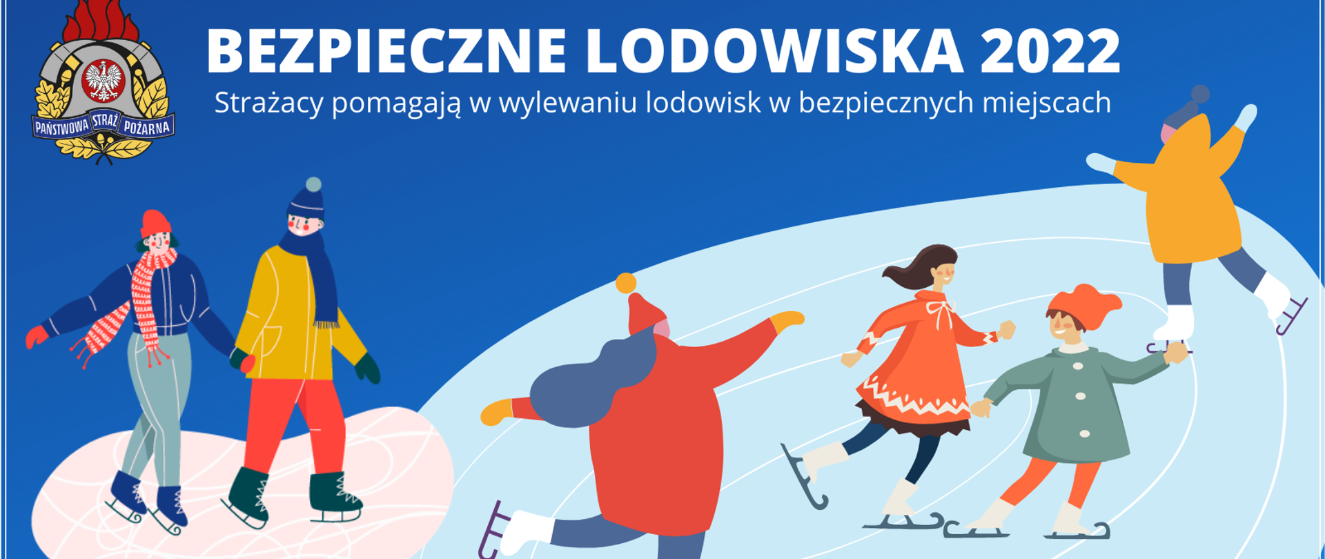ilustracja zabawy na bezpiecznym lodowisku i akcja straży pożarnej pomagającej w tworzeniu bezpiecznych lodowisk 