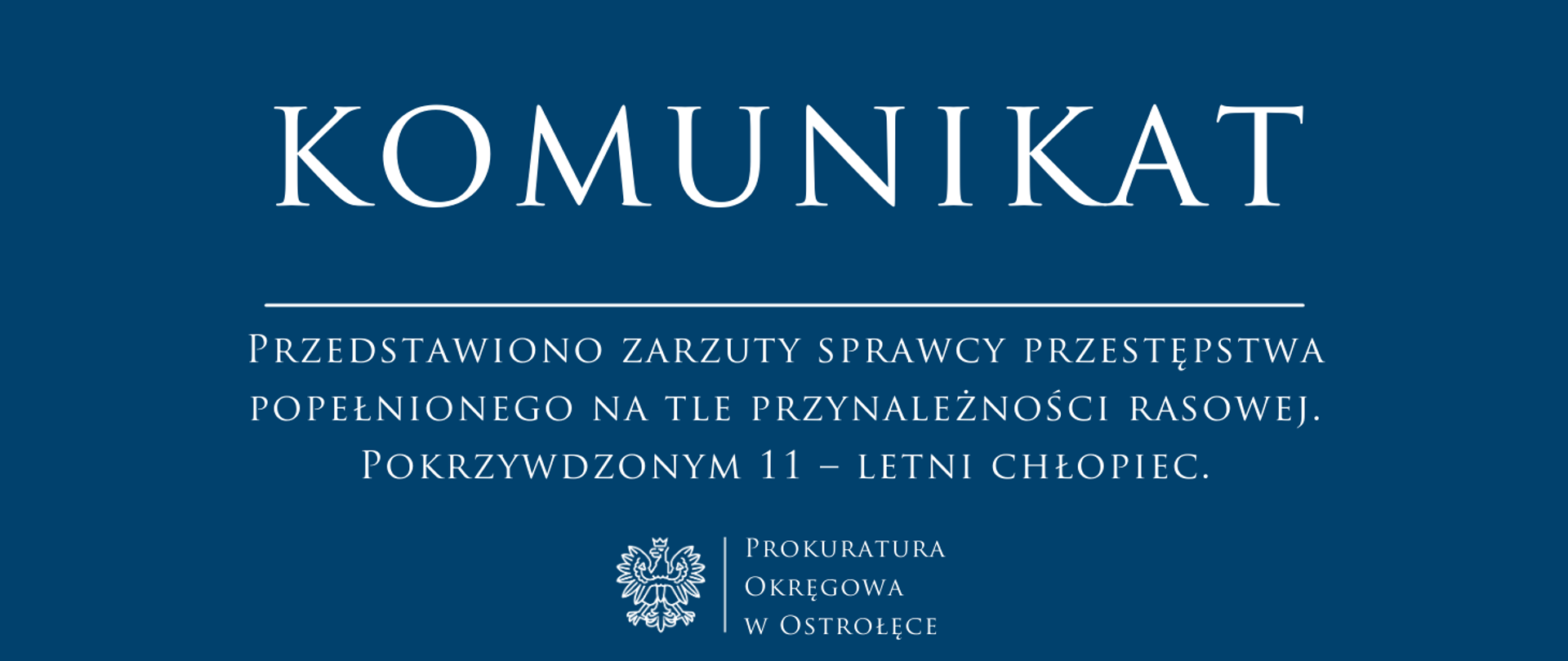 Biały napis Komunikat PRZEDSTAWIONO ZARZUTY SPRAWCY PRZESTĘPSTWA POPEŁNIONEGO NA TLE PRZYNALEŻNOŚCI RASOWEJ. POKRZYWDZONYM 11 – LETNI CHŁOPIEC na niebieskim tle.