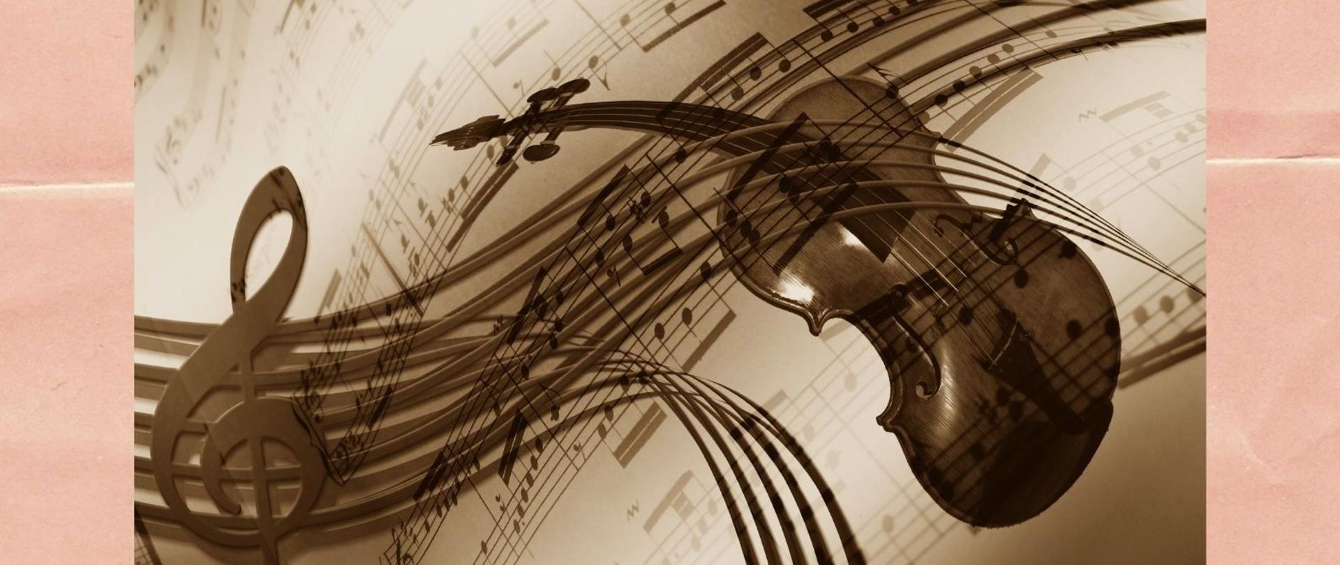 Grafika - afisz. Tło różowe. W górne połowie grafika przedstawiająca skrzypce oplecione pięciolinią z kluczem wiolinowym na tle nut. W środku na jaśniejszym pasku napis: KONCERT SKRZYPCOWY. Poniżej napisy: Małgorzata KUBÓW Marta KUBÓW z klasy skrzypiec Janusza Gajownika Elżbieta Gorączko-Krawiec fortepian. Na samym dole w lewym rogu logo PSM Nysa, obok napisy: wtorek, 18 kwietnia 2023 godz. 16.20 Sala Kameralna.