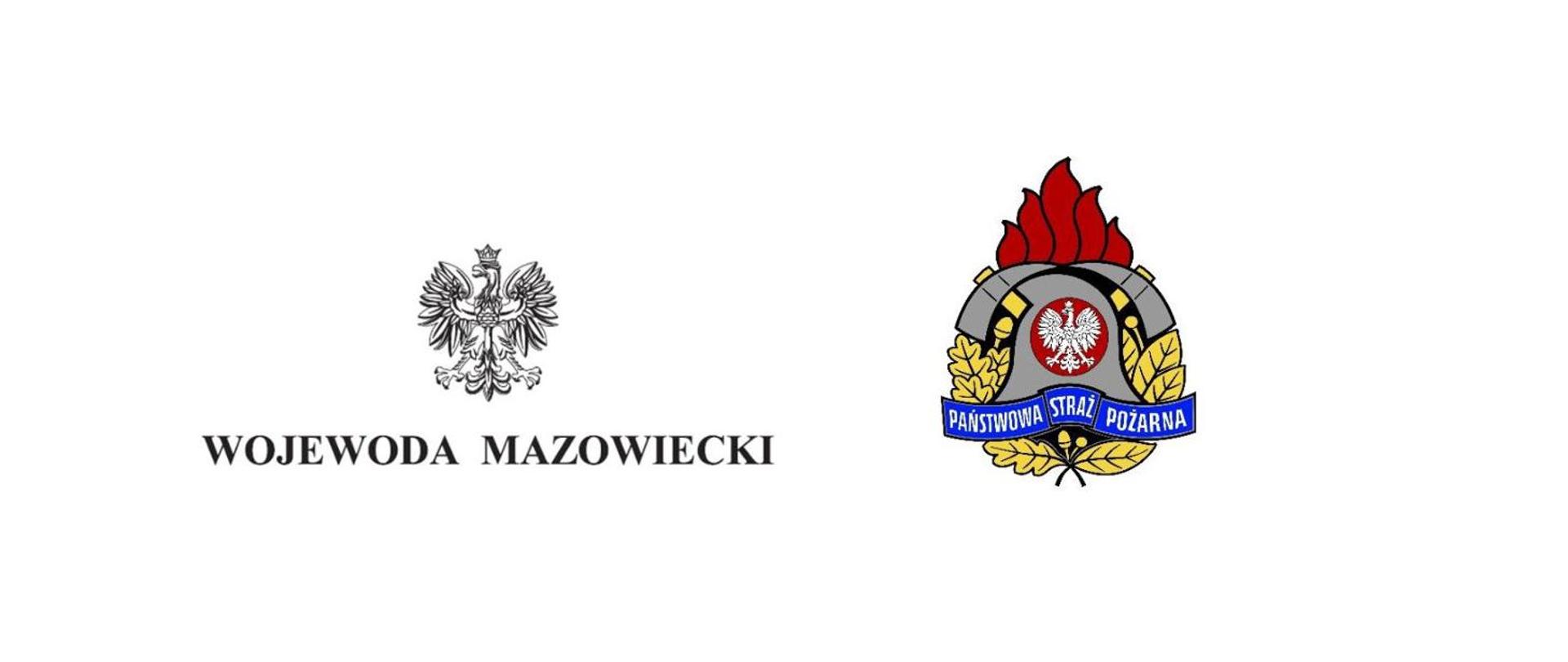 Orzeł i napis Wojewoda Mazowiecki raz logo PSP na białym tle