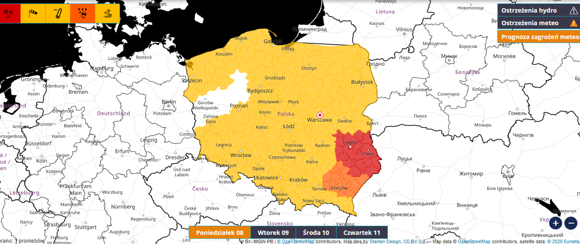 Zdjęcie przedstawia mapę ostrzeżeni meteorologicznych. Żółtym kolorem zaznaczono obszar niemal całej Polski. IMGW wydało ostrzeżenia przez silnym mrozem i opadami śniegu.