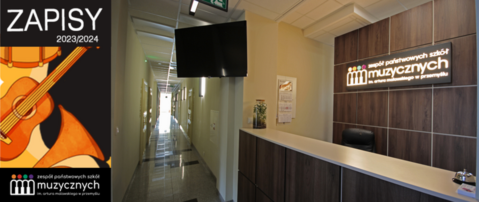 grafika zapisów do szkoły wraz ze zdjęciem wnętrza szkoły