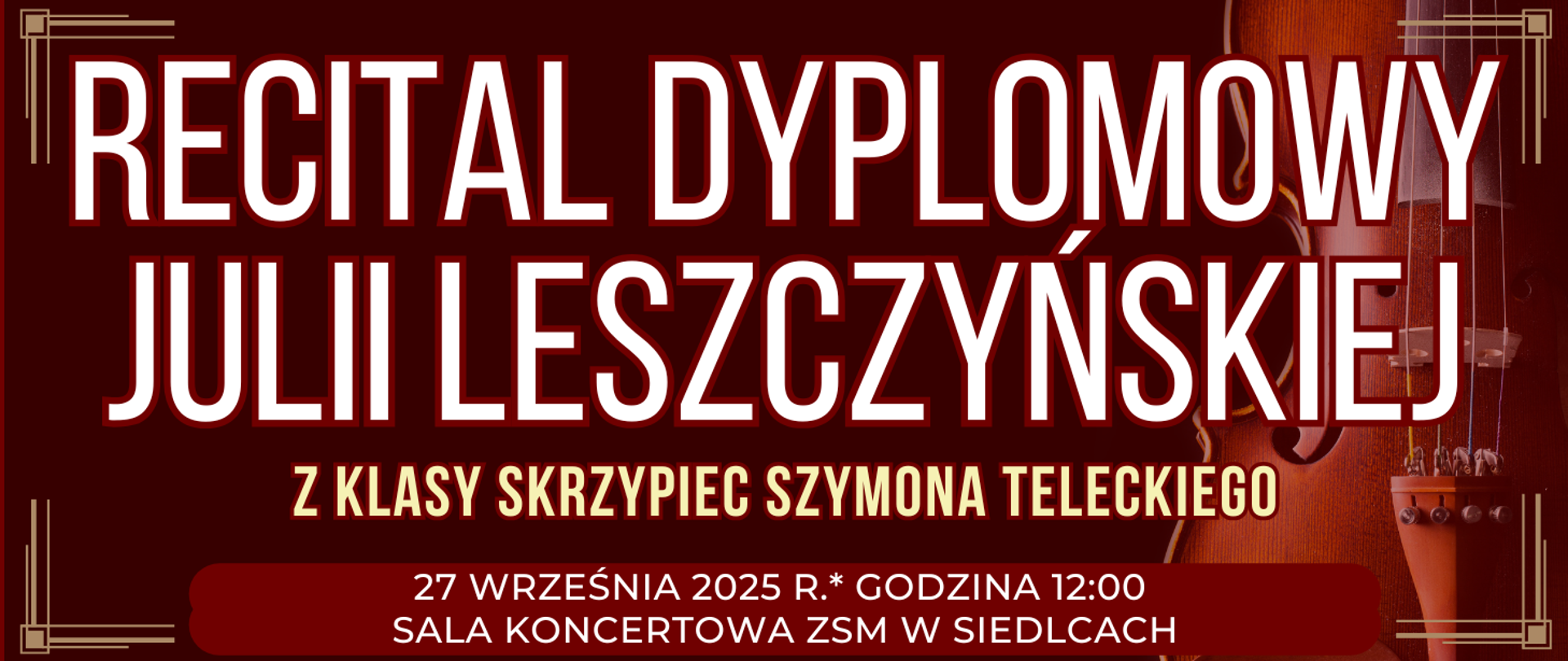baner z ciemnym tłem z widokiem skrzypiec oraz informacja o wydarzeniu