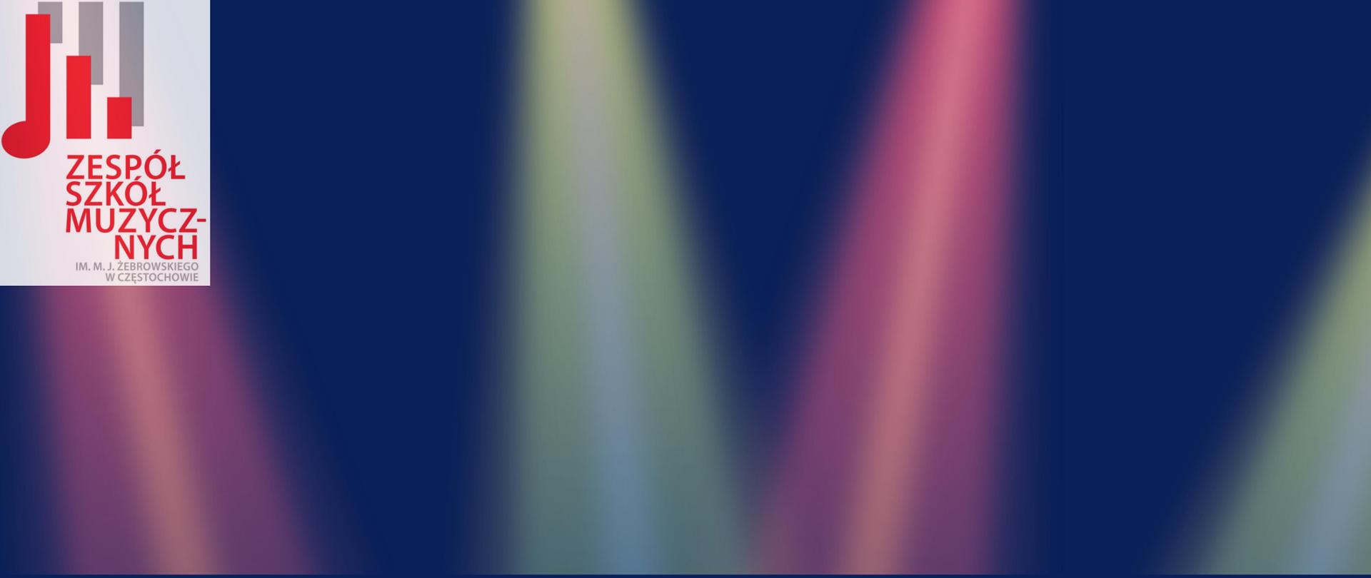 Na niebieskim tle w lewym górnym rogu logo szkoły, różowo-kremowe koła, grafika skrzypaczki i wiolonczelisty. W części głównej informacje o popisie dyplomantów wraz z datą, miejscem i godziną.