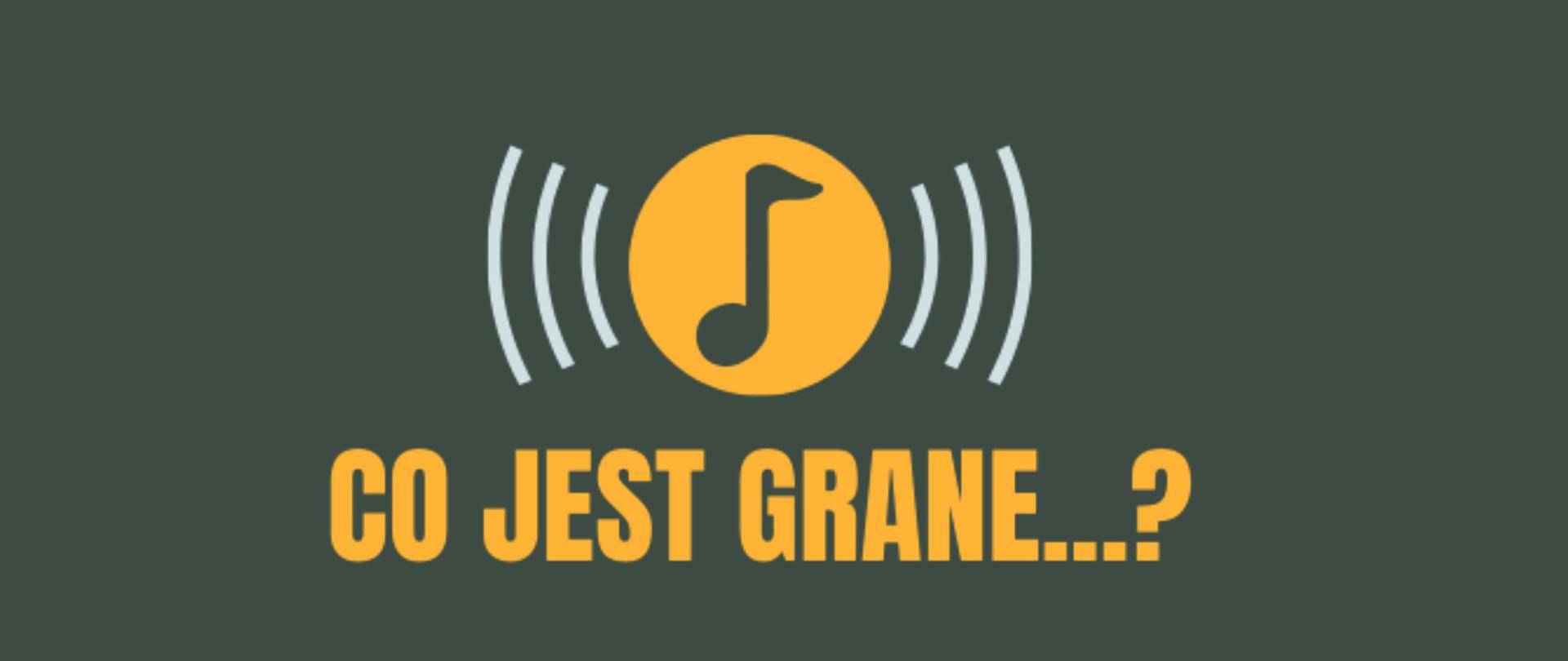 Plakat z zielonym tłem promujący konkurs z literatury muzycznej pod tytułem "Co jest grane...?" organizowany przez sekcję teorii i rytmiki we współpracy z Biblioteką, w górnej części zielona nuta w żółtym kole