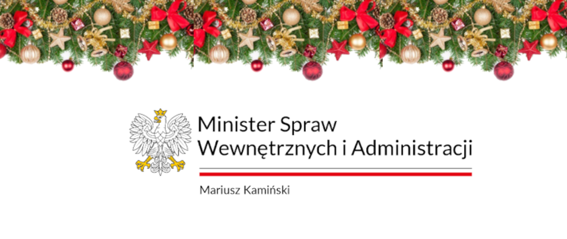 Zdjęcie przedstawia logo Ministra Spraw Wewnętrznych i Administracji ustrojone na górze ozdobami świątecznymi
