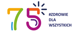 Kolorowa cyfra 75 i napis #Zdrowe dla wszystkich