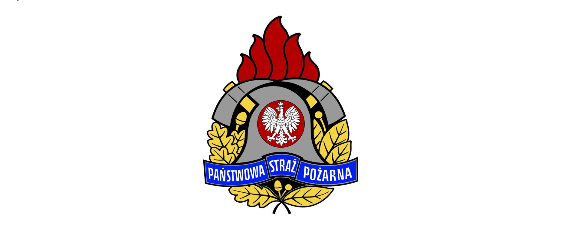 Zdjęcie przedstawia logo państwowej straży pożarnej, hełm strażacki i dwa toporki, otoczone płomieniem od góry i liśćmi dębu i wawrzynu z boków
