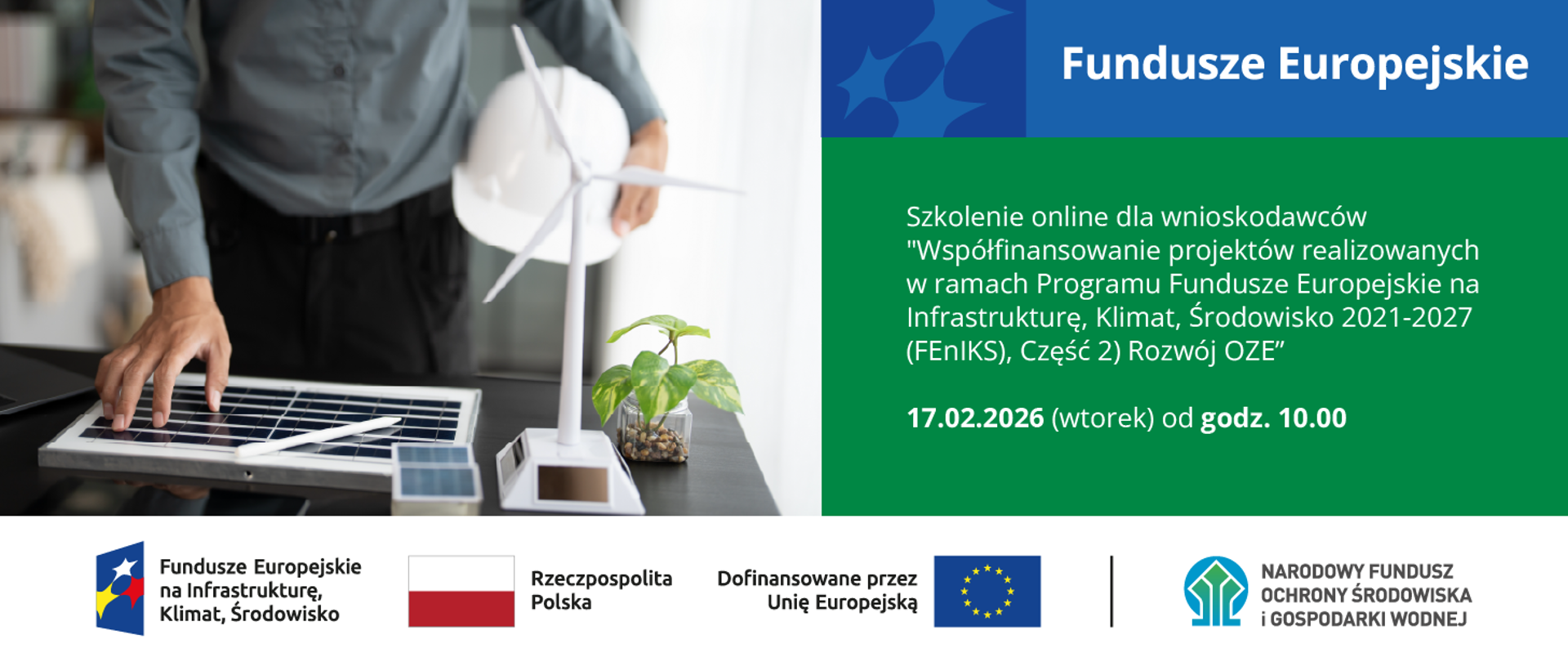 Grafika ilustracyjna, na dole planszy obowiązkowy ciąg logotypów dla programu FEnIKS. Na planszy nazwa szkolenia, data i godzina - informacje powtórzone w treści komunikatu.