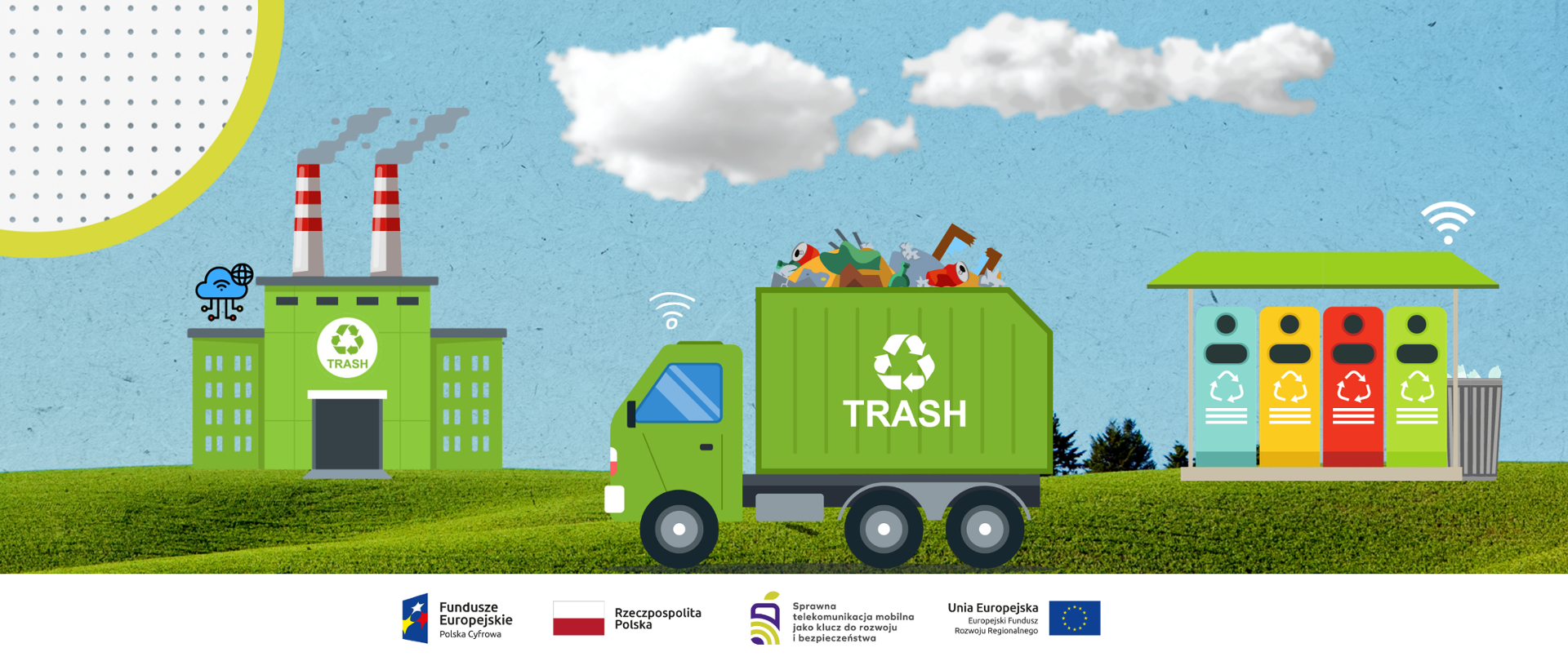 Grafika przedstawia wykorzystanie wifi do informowania zakładu przetwarzania śmieci o przepełnieniu śmietników i konieczności ich opróżnienia.