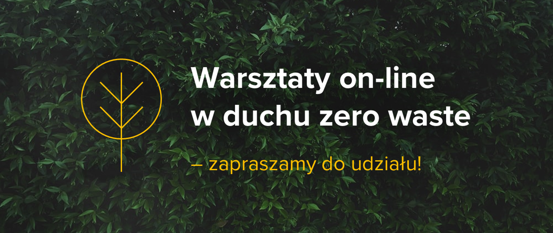 W tle zielone liście. Na grafice na napis warsztaty on-line w duchu zero waste - zapraszamy do udziału. Po lewej stronie od napisu uproszczony rysunek drzewa 