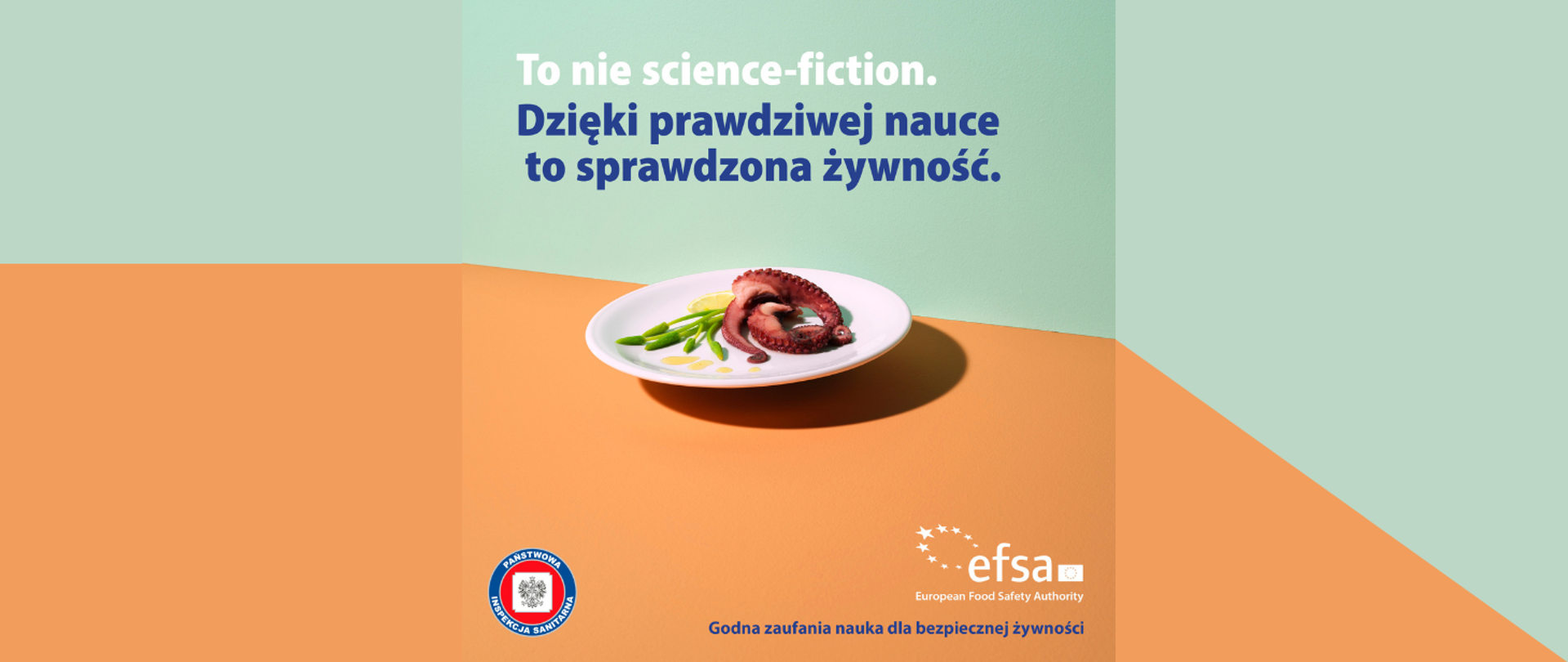 Grafika przedstawia talerz z daniem z ośmiorniczki na pomarańczowo zielonym tle. Nad talerzem widnieje napis: To nie science-fiction. Dzięki prawdziwej nauce to sprawdzona żywność. Na dole grafiki widnieje logo Państwowej Inspekcji Sanitarnej oraz EFSA z napisem: Godna zaufania nauka dla bezpiecznej żywności.