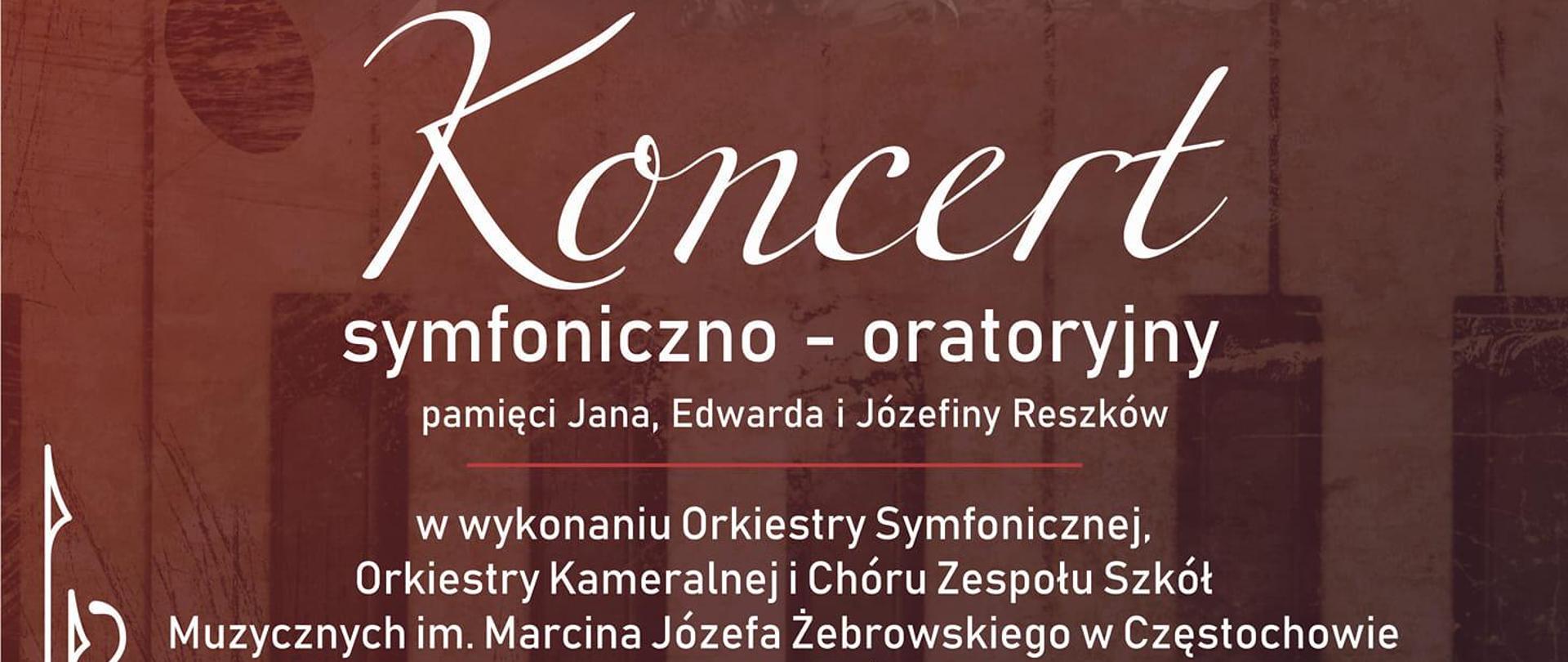 Informacje dotyczące koncertu symfonicznego w kościele ewangelicko - augsburskiego, brązowe tło, 