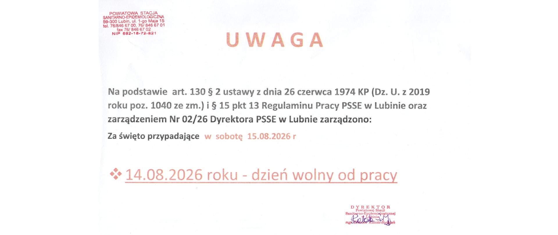 Ogłoszenie dot dnia wolnego od pracy 14.08.2026