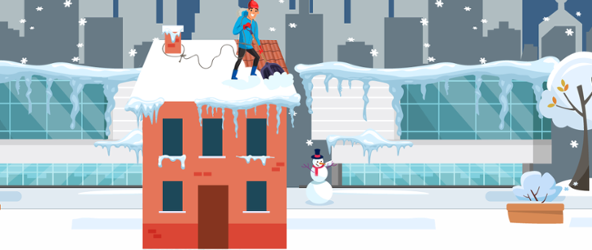 Ilustracja przedstawia mężczyznę odśnieżającego dach budynku zimową porą.