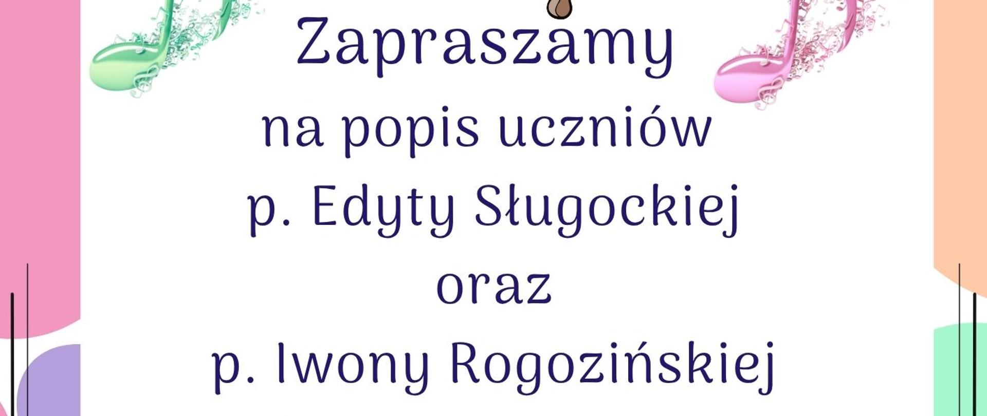 Na środku duży rysunek fortepianu z otwartą klapą, wokół kolorowe nuty. Poniżej tekst: „Zapraszamy na popis uczniów p. Edyty Sługockiej oraz p. Iwony Rogozińskiej, 31 października 2025 r., godz. 16:00, aula szkoły, ul. Piętnastolecia 24”. Rocznicowe logo szkoły u góry. Stylistyka elegancka, pastelowe tła i dekoracyjne ramki.