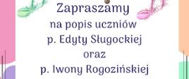 Na środku duży rysunek fortepianu z otwartą klapą, wokół kolorowe nuty. Poniżej tekst: „Zapraszamy na popis uczniów p. Edyty Sługockiej oraz p. Iwony Rogozińskiej, 31 października 2025 r., godz. 16:00, aula szkoły, ul. Piętnastolecia 24”. Rocznicowe logo szkoły u góry. Stylistyka elegancka, pastelowe tła i dekoracyjne ramki.