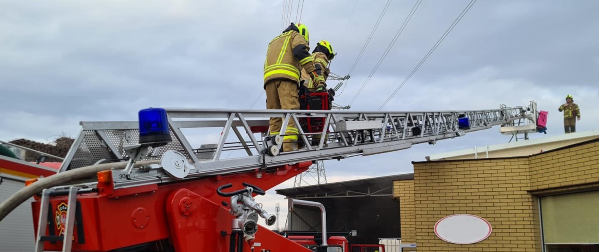 Strażacy na drabinie podczas działań