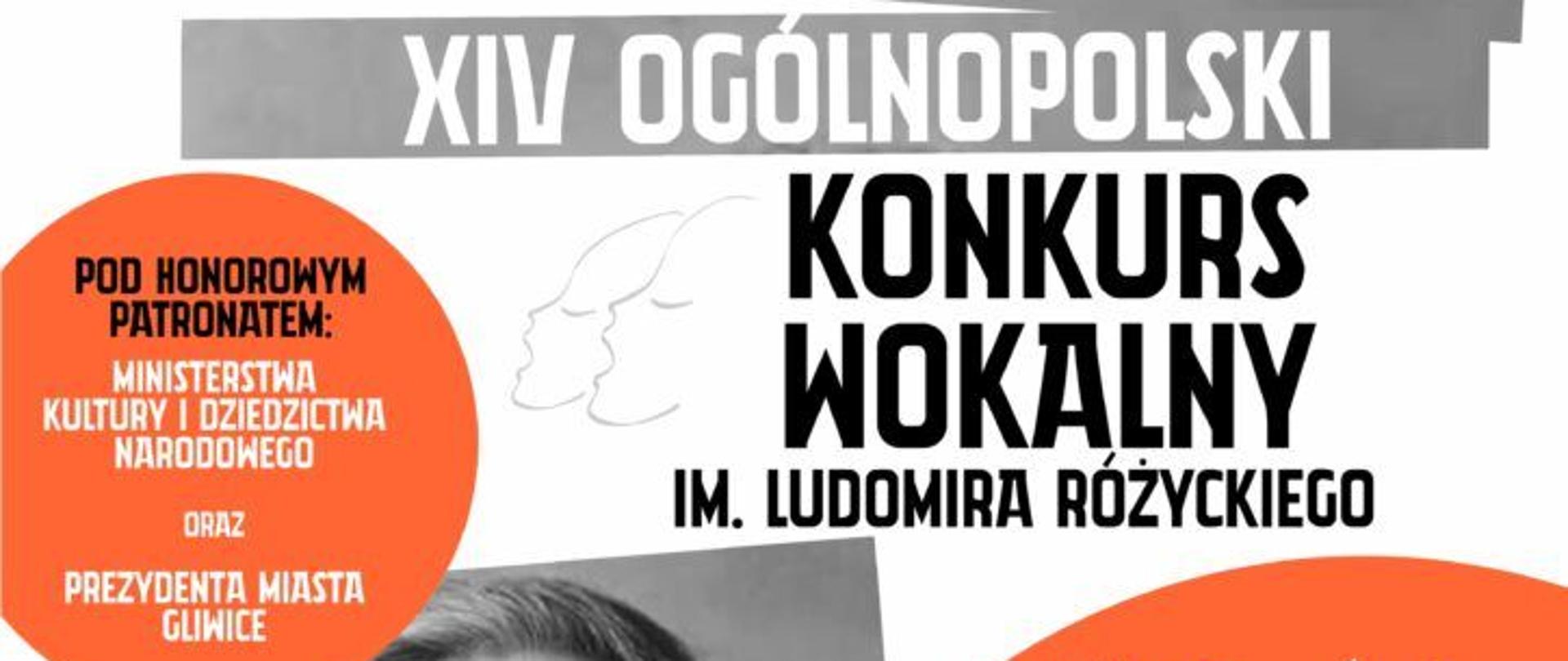 Grafika - afisz. Tło białe z elementami szarymi i pomarańczowymi. Główny napis: XIV OGÓLNOPOLSKI KONKURS WOKALNY IM. LUDOMIRA RÓŻYCKIEGO. Wokół portretu Ludomira Różyckiego na pomarańczowych kołach podani są honorowi patroni oraz program konkursu. Data 25-23 marca 2023. Ogłoszenie wyników i koncert laureatów - 25 marca 2023 godz. 16.00 Sala Koncertowa. Na samym dole loga instytucji wspierających organizacje imprezy.
