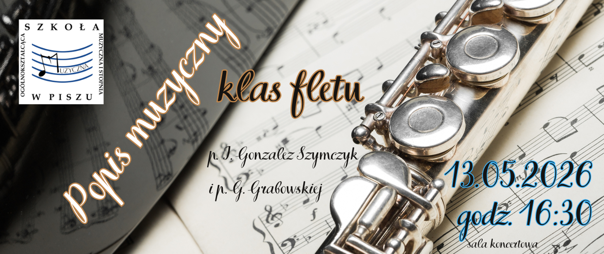 Na tle nut z motywem fletu informacja: Popis klas fletu 13.05.2026r., godz. 16.30