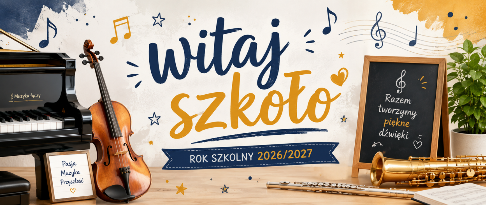 Baner szkoły muzycznej z napisem „Witaj szkoło” oraz „Rok szkolny 2026/2027”. Po lewej stronie znajdują się fortepian i skrzypce, a po prawej saksofon, flet, nuty i roślina. W tle widoczne są muzyczne nuty, gwiazdki i dekoracyjne akcenty w kolorach granatowym, złotym i kremowym. Na tablicy widnieje hasło „Razem tworzymy piękne dźwięki”.