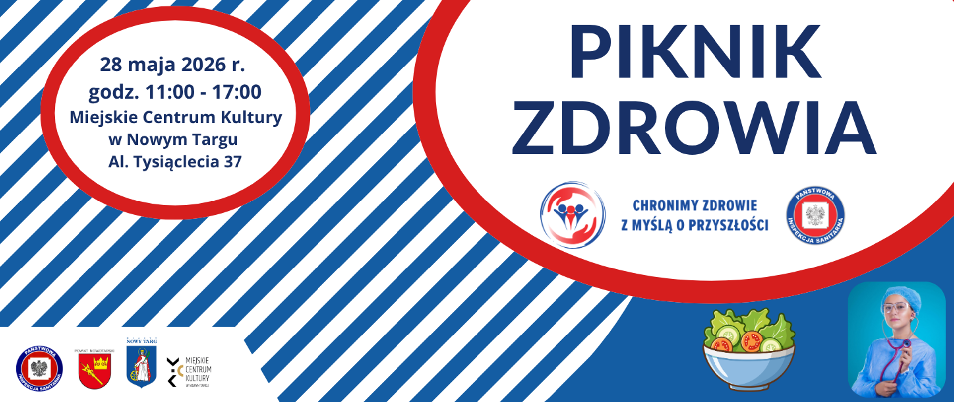 Grafika z napisem Piknik zdrowia wraz z datą i miejscem wydarzenia