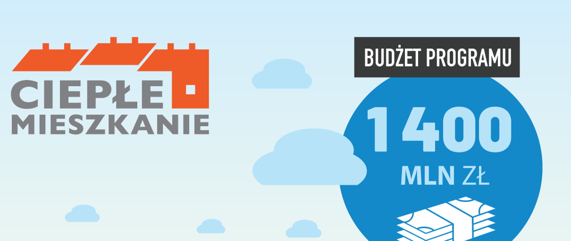 Na grafice znajdują się domy oraz cel programu (tj. Poprawa jakości powietrza oraz zmniejszenie emisji gazów cieplarnianych poprzez wymianę źródeł ciepła i poprawę efektywności energetycznej w lokalach mieszkalnych znajdujących się w budynkach mieszkalnych wielorodzinnych