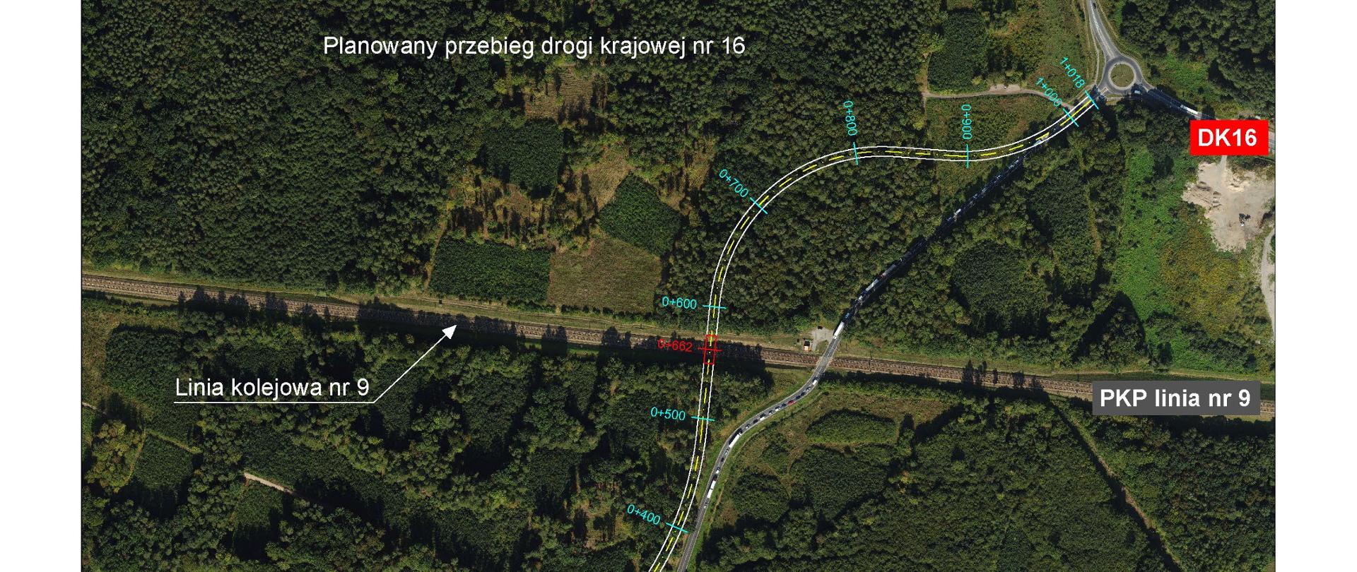 Zdjęcie przedstawia ortofotomapę obszaru leśnego, przez który planowany jest nowy przebieg drogi krajowej nr 16. Przez środek mapy, poziomo, biegnie istniejąca linia kolejowa oznaczona jako „Linia kolejowa nr 9” oraz „PKP linia nr 9”. Nad nią i pod nią zaznaczono krzywoliniowy planowany przebieg DK16, pokazany jasnymi liniami projektowymi z opisami technicznymi.
W prawym górnym rogu znajduje się istniejący węzeł drogowy z oznaczeniem „DW521” oraz czerwonym symbolem „DK16”. W lewym dolnym rogu widnieje kolejne czerwone oznaczenie „DK16”. Teren przedstawiony na obrazie to głównie gęsty las o zróżnicowanej strukturze. Linie projektowe wskazują miejsce, w którym nowa trasa DK16 przecina linię kolejową nr 9.