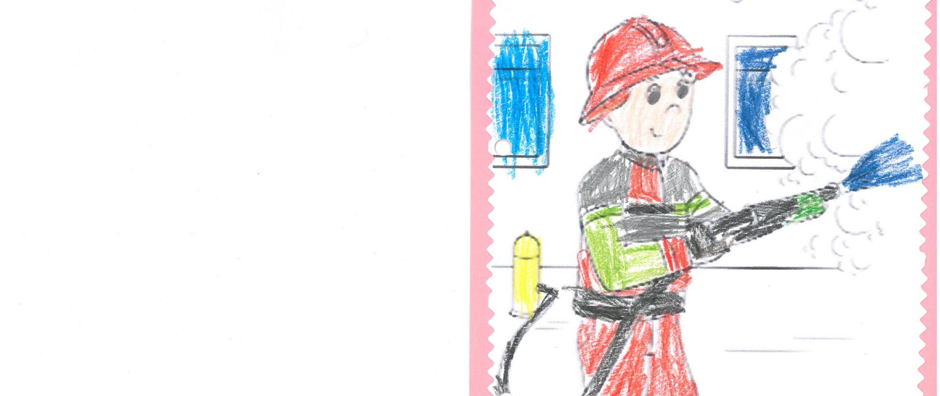 Praca plastyczna strażak z gaśnica namalowany kredkami 