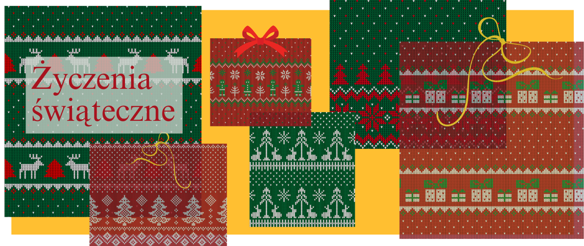 Wielobarwna grafika. Wielokolorowe prezenty na złotym tle. Napis:Życzenia świąteczne