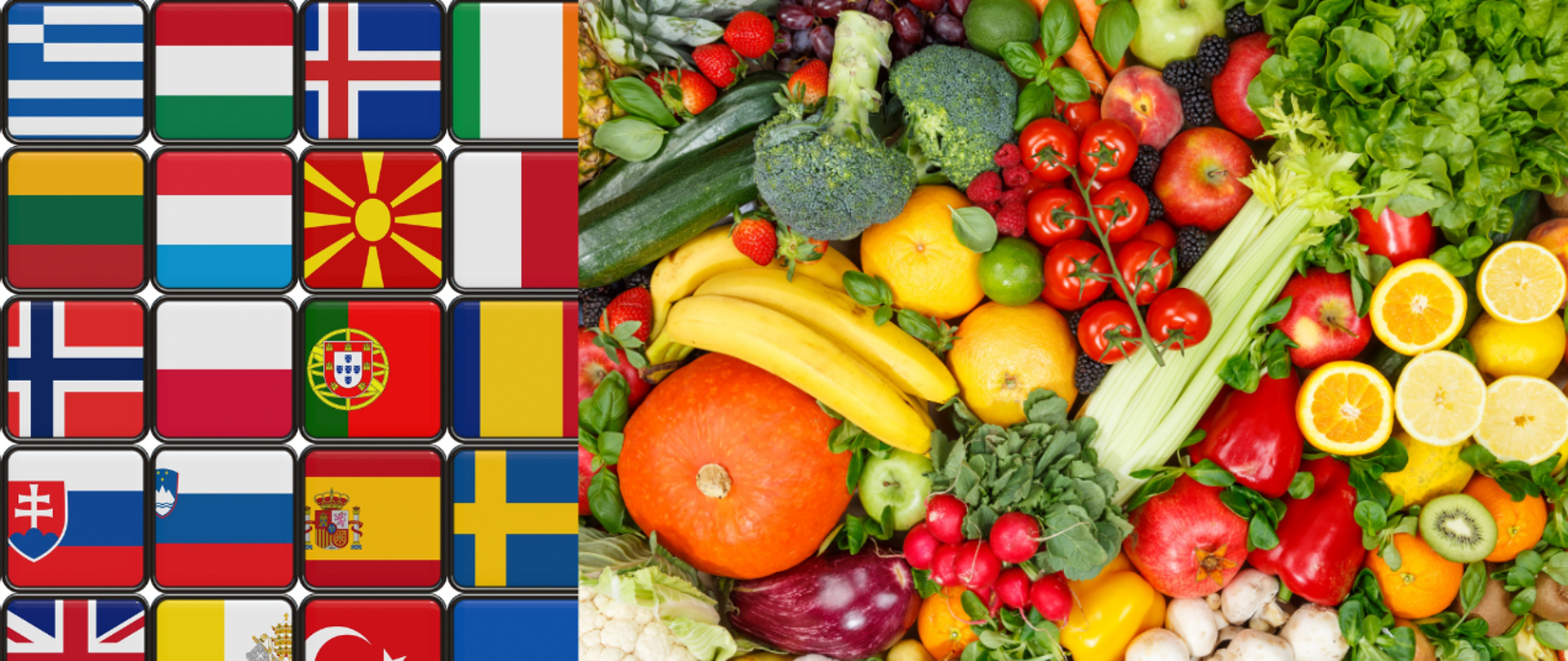 Mozaika flag europejskich po lewej stronie oraz kolorowa kompozycja świeżych owoców i warzyw po prawej, m.in. banany, pomarańcze, jabłka, pomidory, brokuły i sałata.
