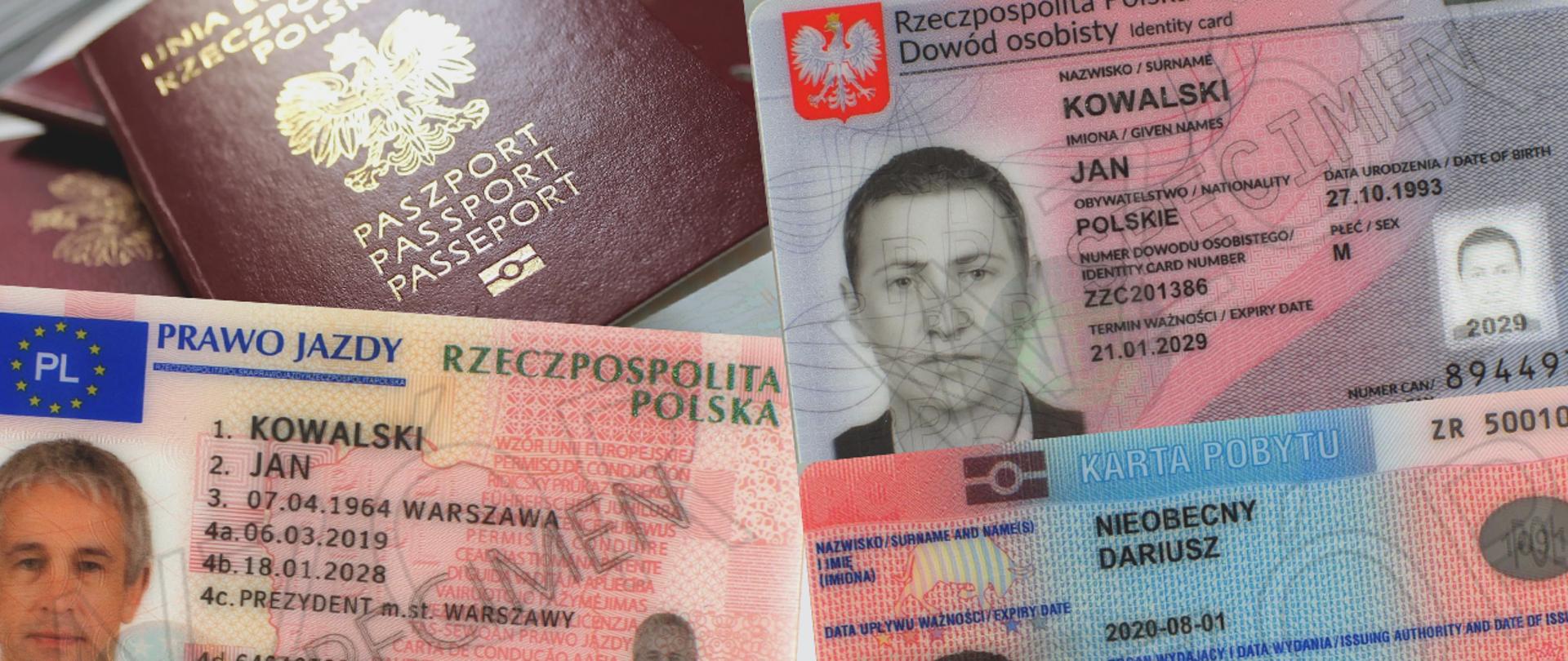 Grafika przedstawia dokumenty takie jak paszport Rzeczypospolitej Polskiej oraz prawo jazdy, dowód osobisty, a także kartę pobytu.